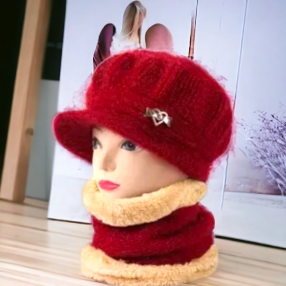 Warm 2Pc. Wool Wine Red Hat with Gold Heart Pendant with Wine Red Neck Scarf !! - Picture 9 of 11